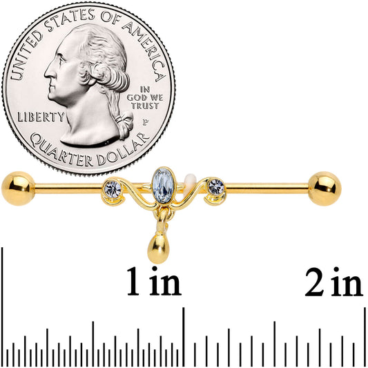 14G Clear Gem Gold Tone Drop Dangle Industrial Barbell 38mm