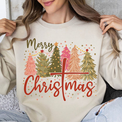 Retro Merry Christmas Shirt, Christmas Cross Sweater, Xmas Tree Holiday Sweatshirt T1650