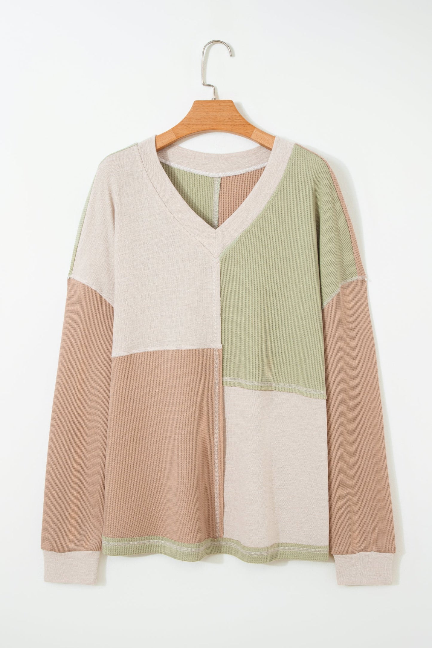 Plus Size Mix Texture Colorblock V-Neck Top
