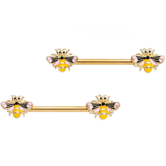 14G 9/16 Gold Tone Yellow Pink Bee Barbell Nipple Ring Set