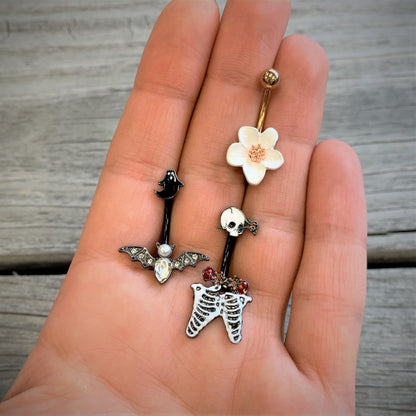 Clear Gem Black Ghost Vampire Bat Halloween Double Mount Belly Ring