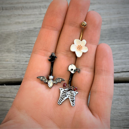 Clear Gem Black Ghost Vampire Bat Halloween Double Mount Belly Ring