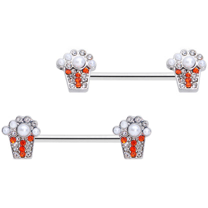 14G 9/16 White Orb Movie Night Popcorn Barbell Nipple Ring Set