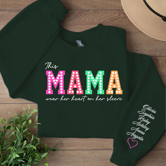 This Mama Wears Her Heart on Her Sleeve Custom Name Shirt, Personalized Custom Sleeve Print Sweatshirt, Mother's Day Gifts, Gift For Mom, Gift For Wife 682068