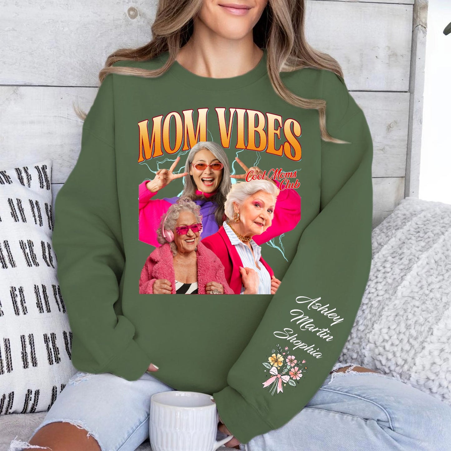 Mom Vibes Custom Name Shirt, Personalized Custom Photo Sleeve Print Sweatshirt, Mother's Day Gifts, Gift For Mom, Gift For Wife 682073