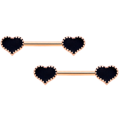 14G 9/16 Rose Gold Tone Black Heart Barbell Nipple Ring Set