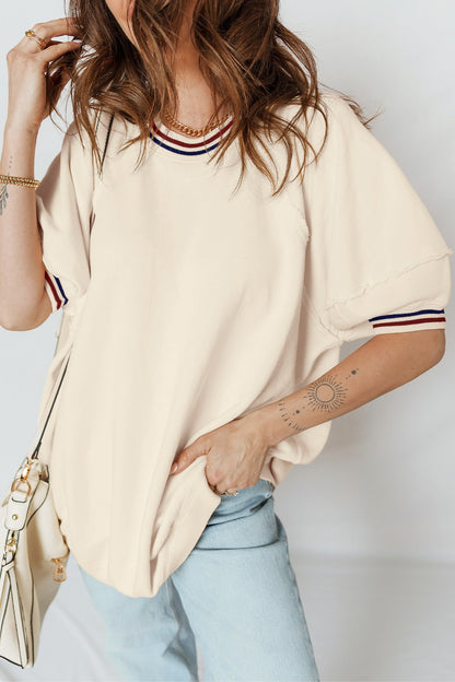 Varsity Stripe Neckline Cuff Short Sleeve Tunic