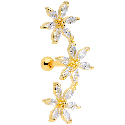 16G 1/4 Clear CZ Gem Gold Tone Tri Flower Cartilage