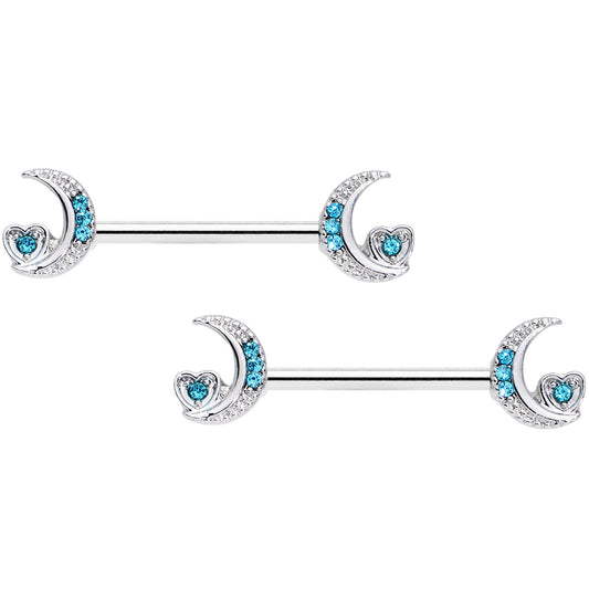 14G 9/16 Blue CZ Gem Crescent Moon Heart Barbell Nipple Ring Set