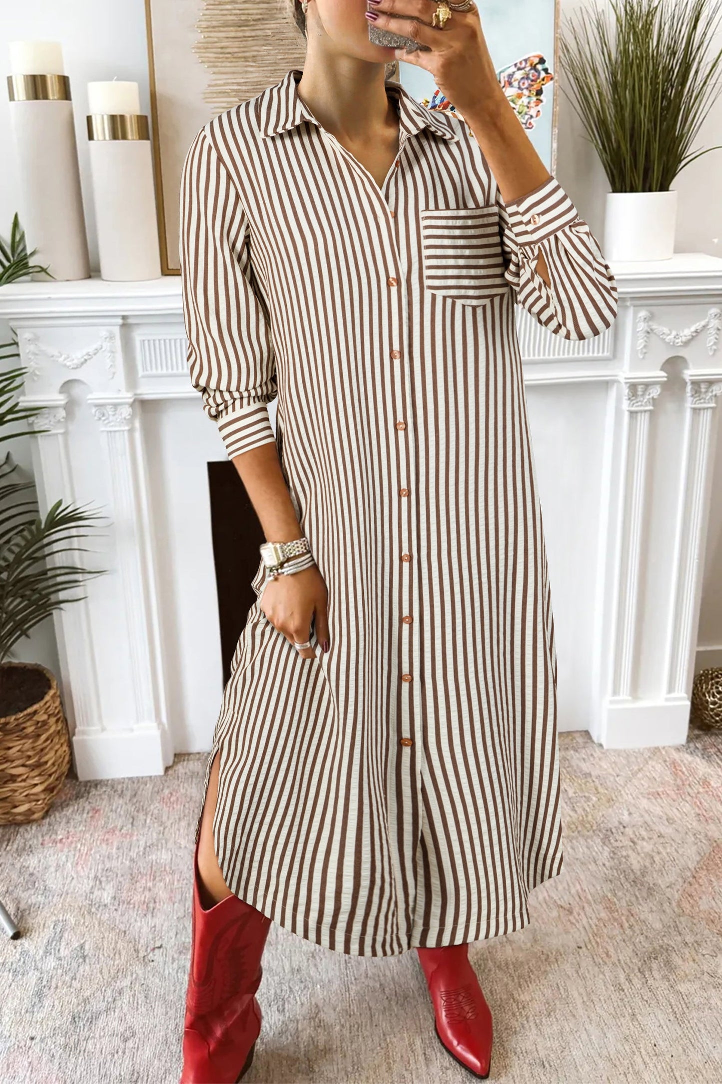Textured Stripe 3/4 Sleeve Split Midi Dress