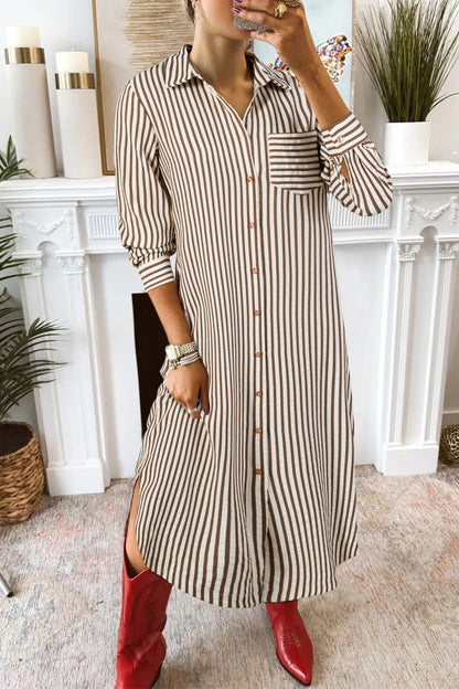 Textured Stripe 3/4 Sleeve Split Midi Dress
