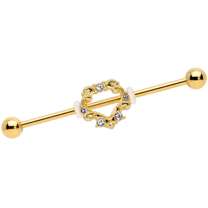 14G Clear CZ Gem Gold Tone Ornate Heart Industrial Barbell 38mm