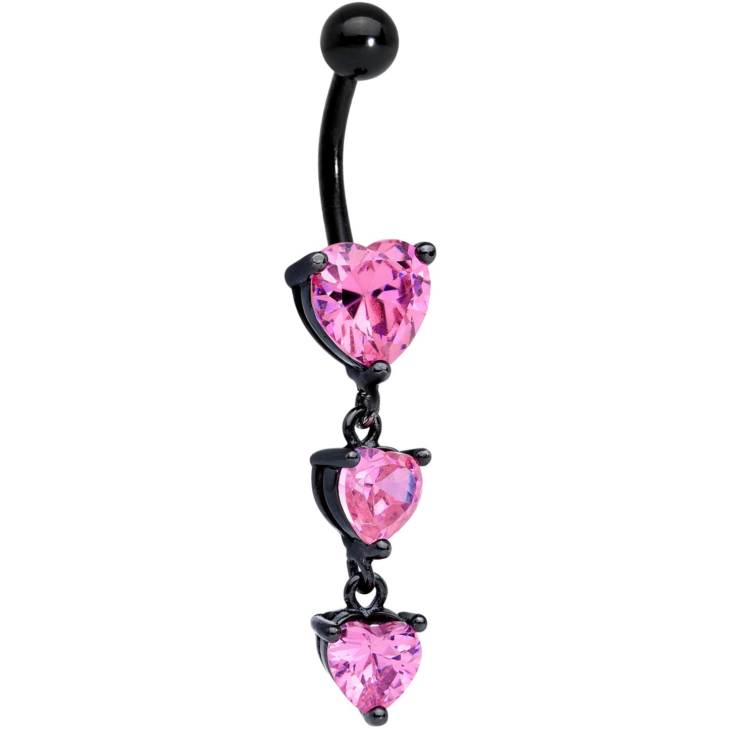 Pink CZ Gem Black Triple Heart Dangle Belly Ring