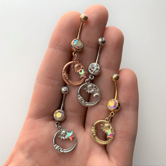 Aurora Gem Sun Moon Star Dangle Belly Ring