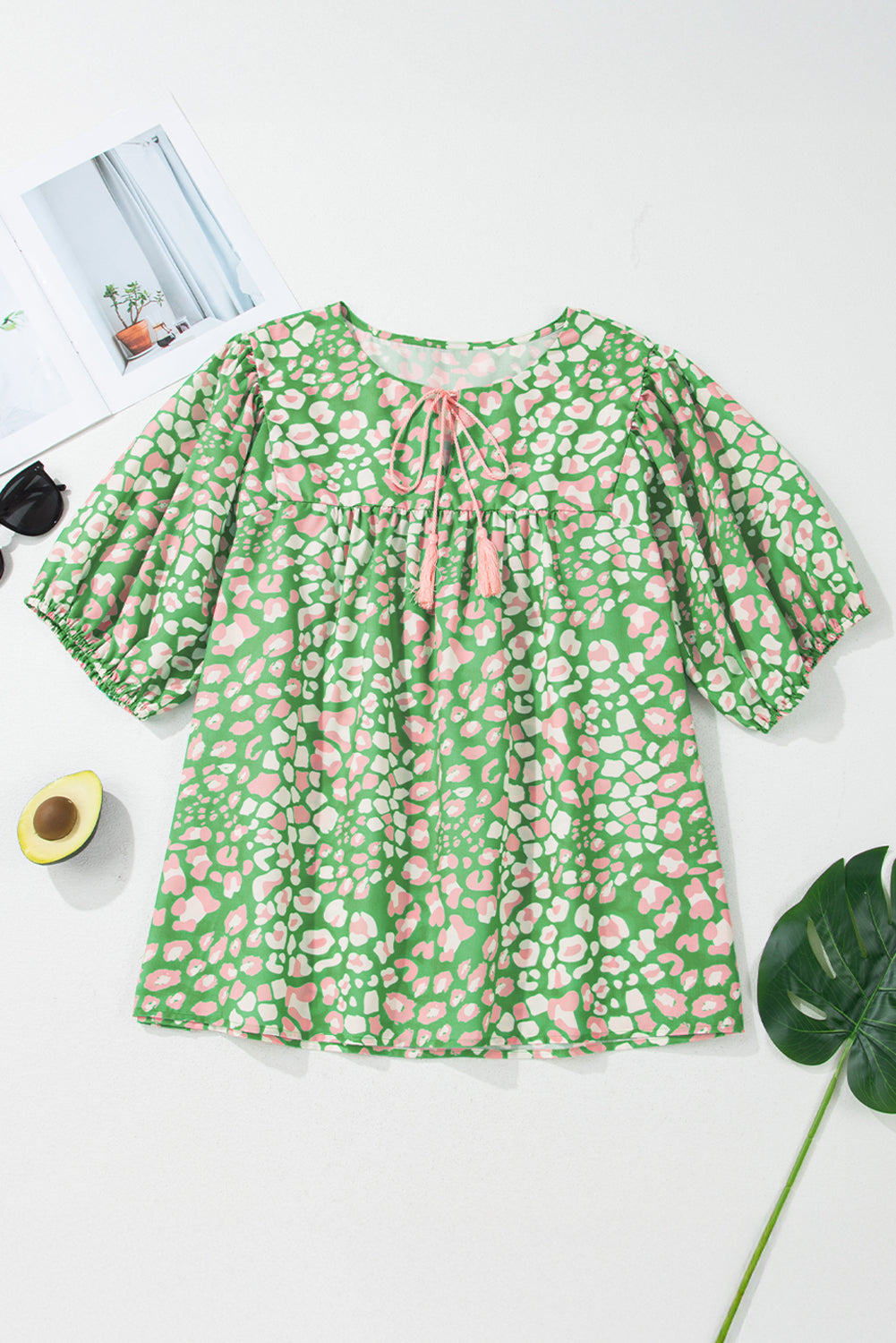 Plus Size Floral Tassel Tie Sleeve Blouse