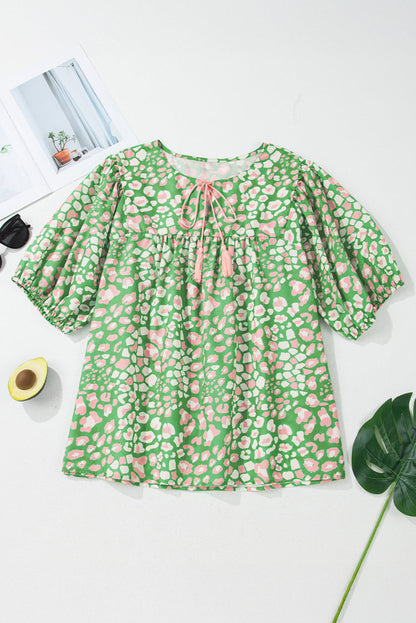 Plus Size Floral Tassel Tie Sleeve Blouse