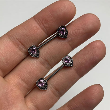 14G 9/16 Pink Gem Regal Valentine Heart Barbell Nipple Ring Set