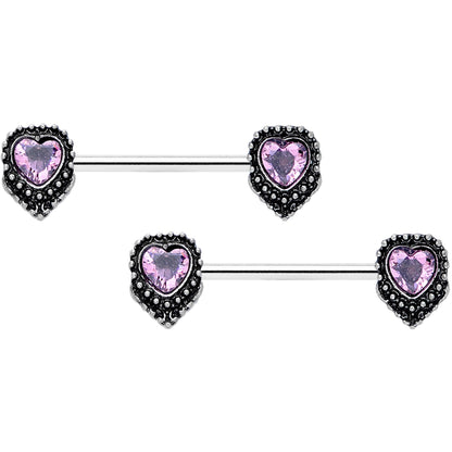 14G 9/16 Pink Gem Regal Valentine Heart Barbell Nipple Ring Set