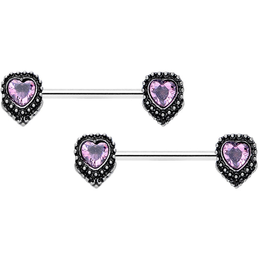 14G 9/16 Pink Gem Regal Valentine Heart Barbell Nipple Ring Set