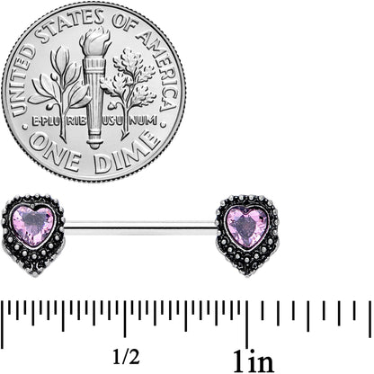 14G 9/16 Pink Gem Regal Valentine Heart Barbell Nipple Ring Set