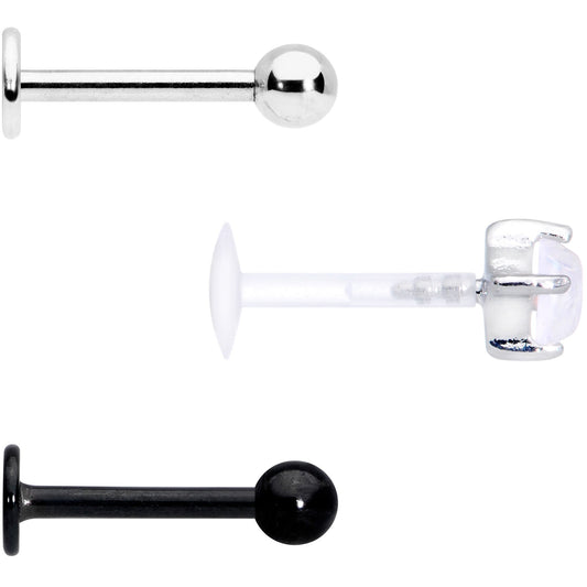 16G 5/16 Faux White Opal Flexible Bioplast Black Labret Set of 3