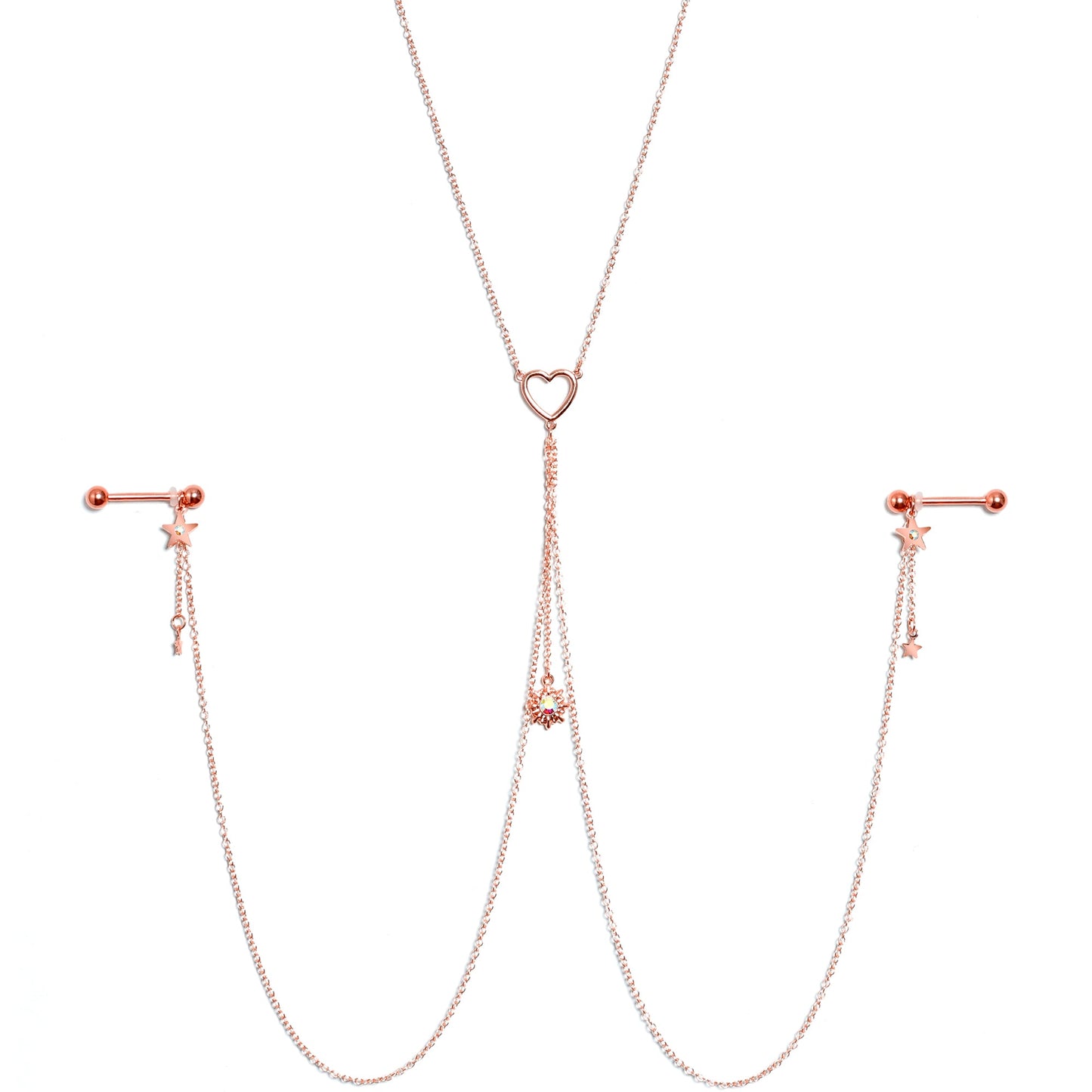 14G 5/8 Aurora Gem Rose Gold Hue Star Sun Nipple Chain Necklace