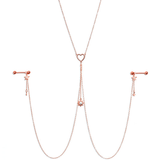 14G 5/8 Clear Gem Rose Gold Hue Star Sun Nipple Chain Necklace