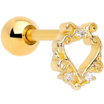 16G 1/4 Clear CZ Gem Gold Tone Fancy Heart Cartilage Tragus
