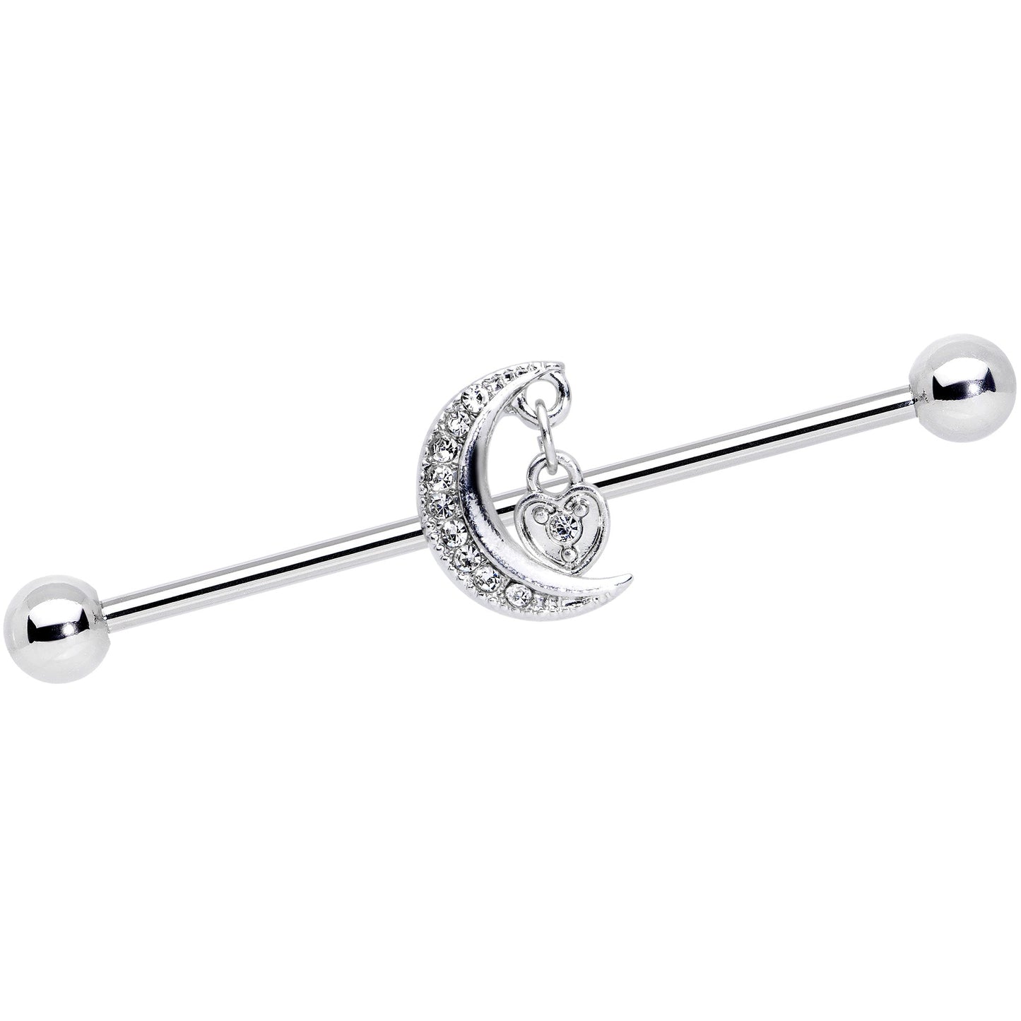 14G Clear CZ Gem Heart Padlock Moon Dangle Industrial Barbell 38mm