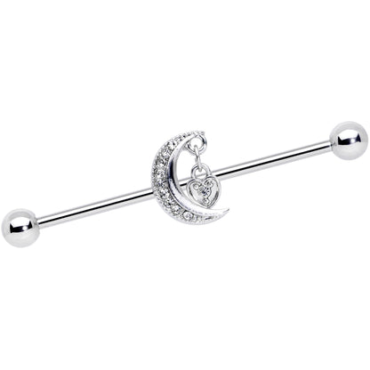 14G Clear CZ Gem Heart Padlock Moon Dangle Industrial Barbell 38mm