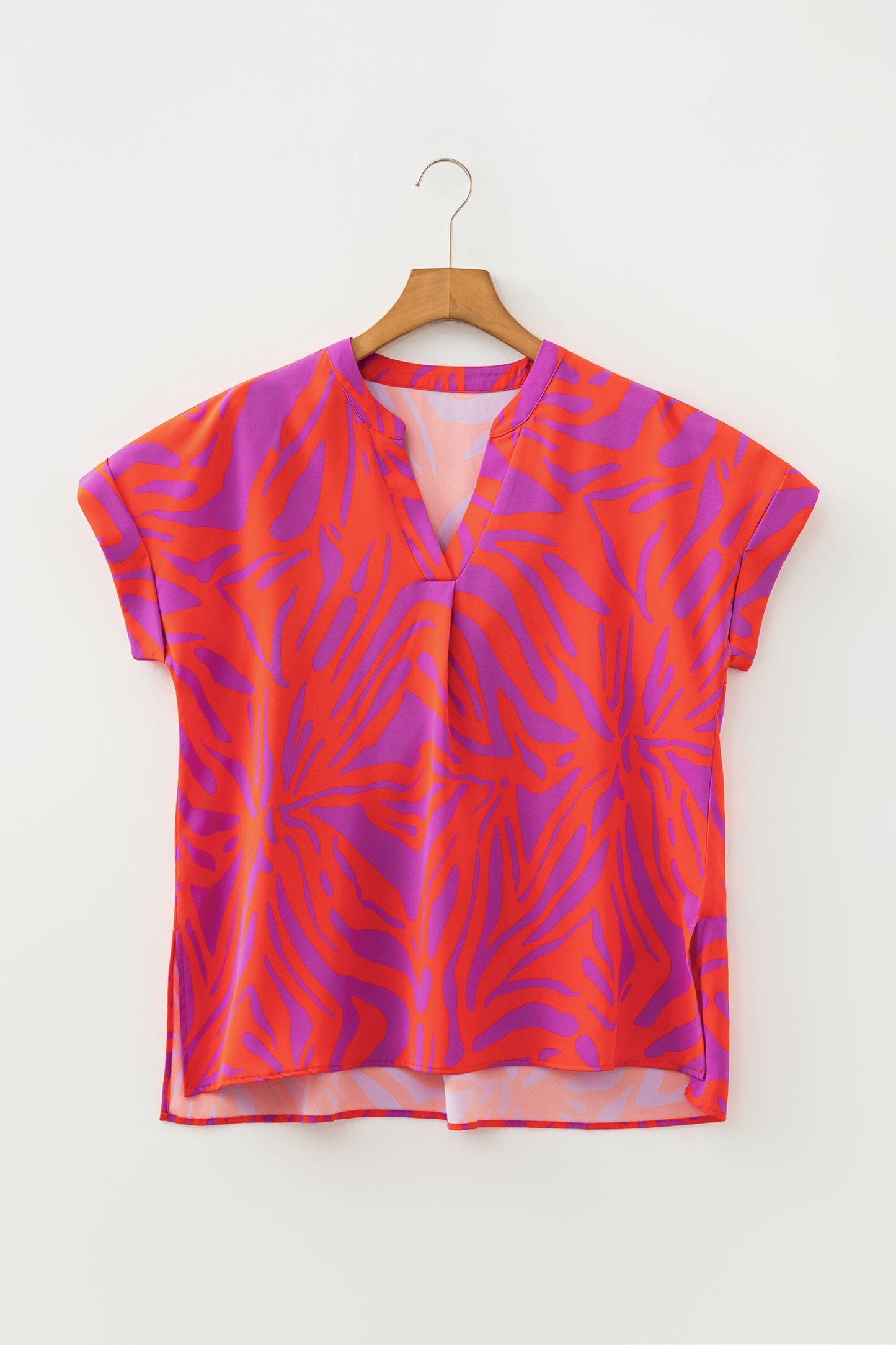 V-Neck Abstract Short Sleeve Cuff Blouse