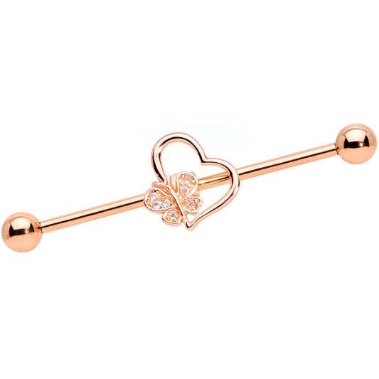 14G Clear CZ Gem Rose Gold Tone Heart Industrial Barbell 38mm