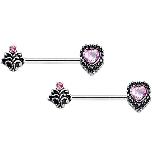 14G 9/16 Pink Gem Regal Valentines Heart Barbell Nipple Ring Set