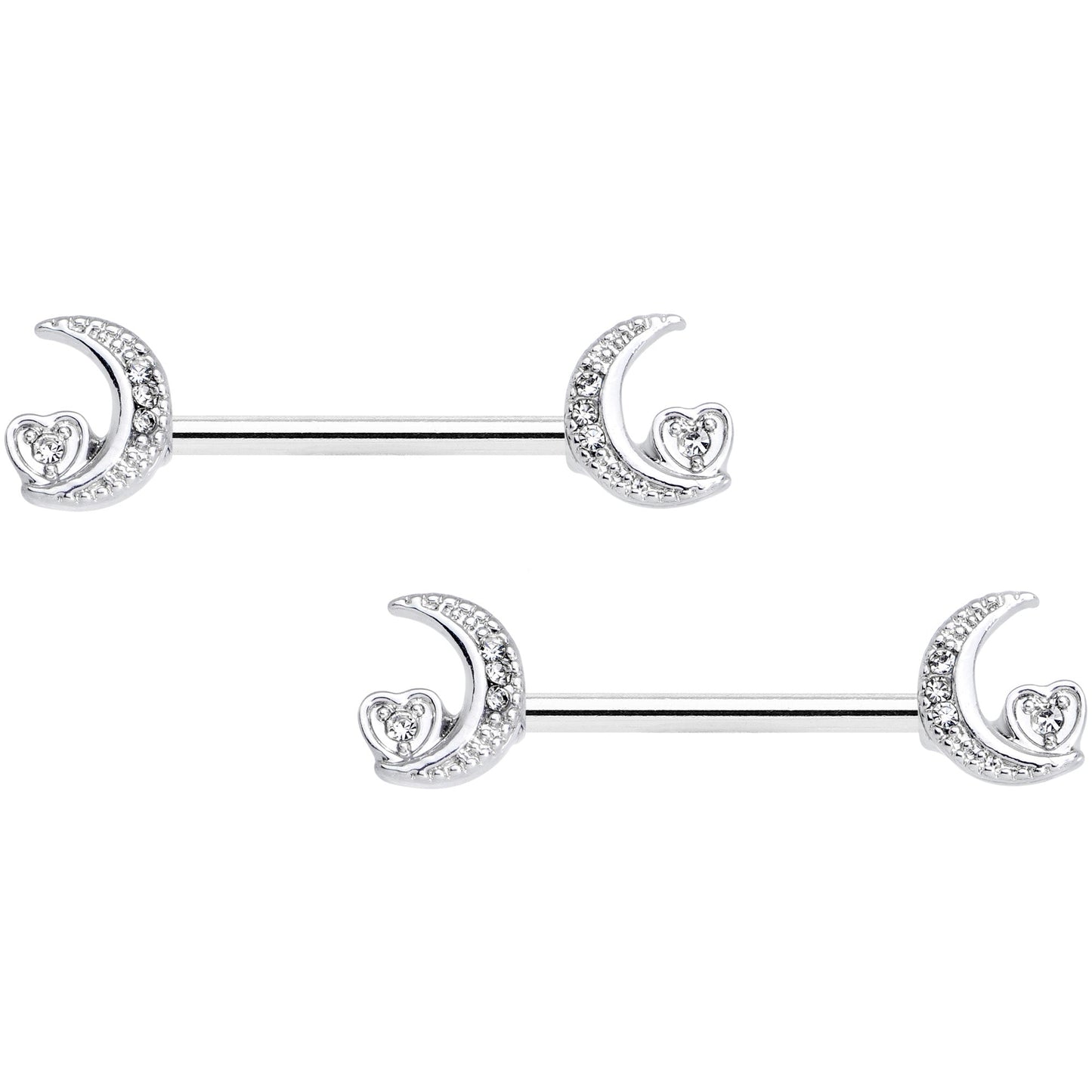 14G 9/16 Clear CZ Gem Moon Heart Barbell Nipple Ring Set