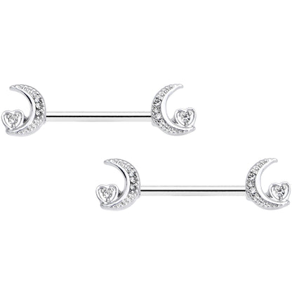 14G 9/16 Clear CZ Gem Moon Heart Barbell Nipple Ring Set