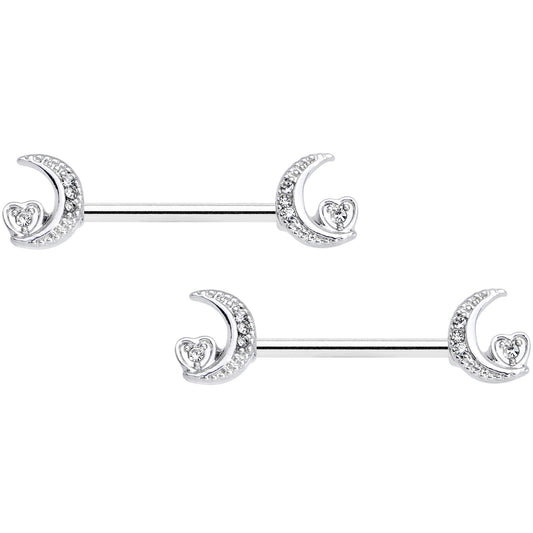 14G 9/16 Clear CZ Gem Moon Heart Barbell Nipple Ring Set