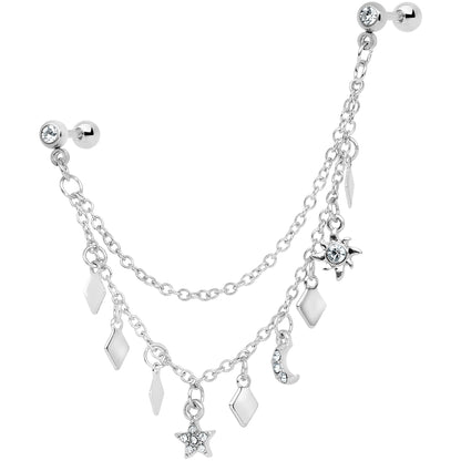 16G 1/4 Clear Gem Moon Star Sun Dangle Cartilage Chain Earring