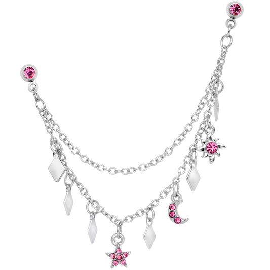 16G 1/4 Pink Gem Moon Star Sun Dangle Cartilage Chain Earring