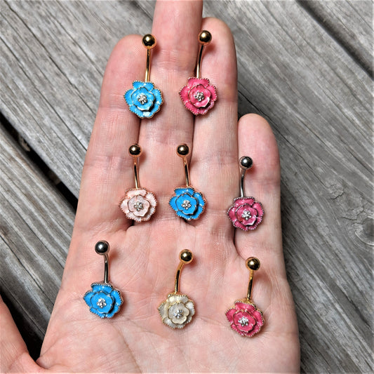 Clear Gem Pink Rose Reversible Belly Ring