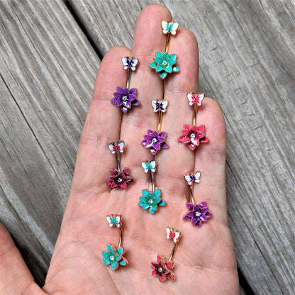 Clear Gem Pink Flower Butterfly Double Mount Belly Ring