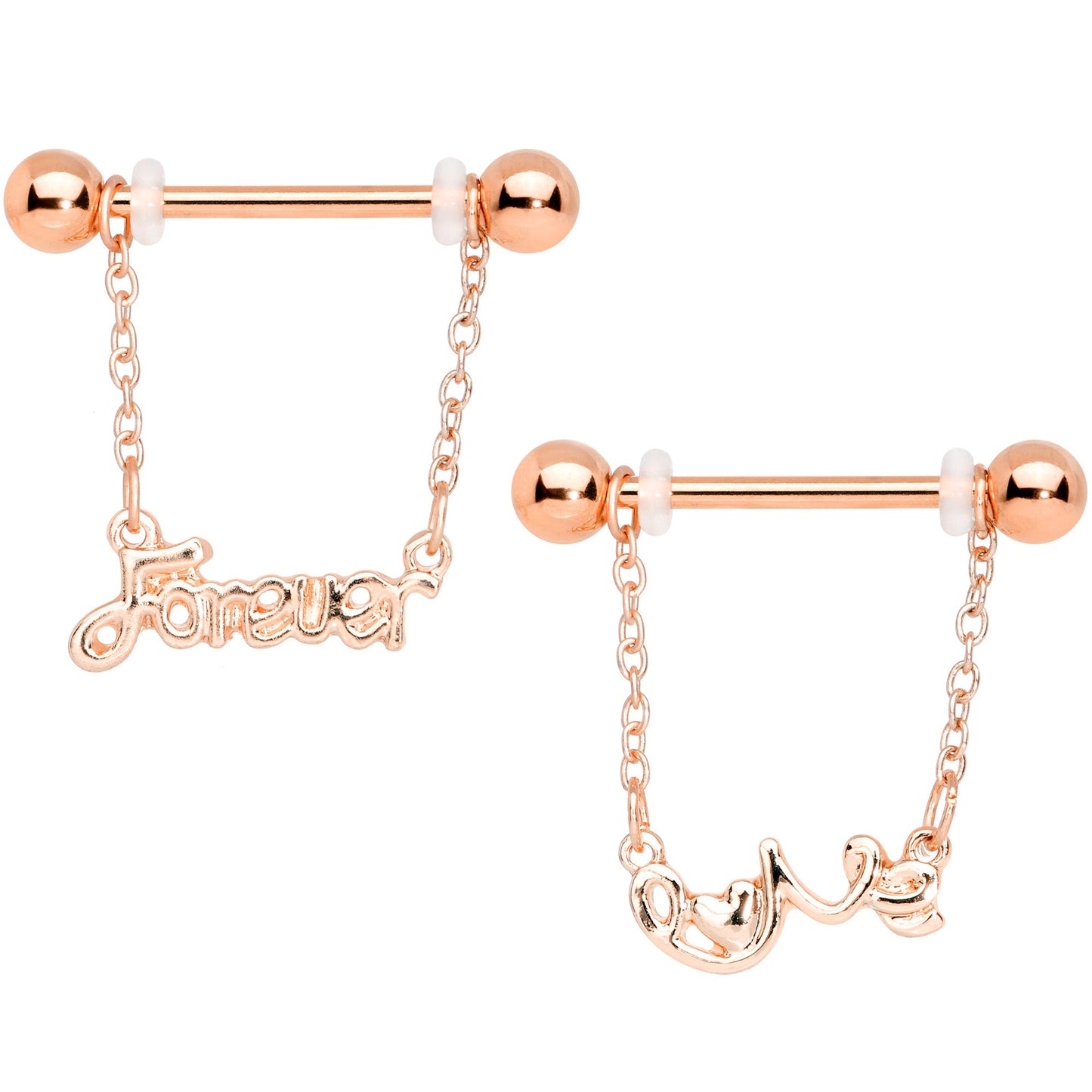 14G 1/2 Rose Gold Tone Love Forever Chain Dangle Nipple Ring Set