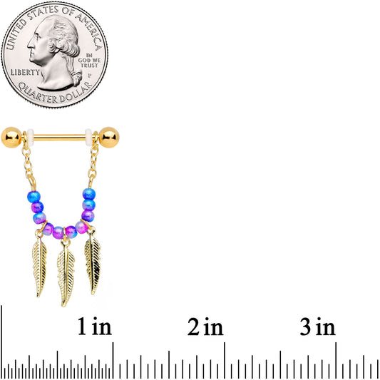 14G 1/2 Gold Tone Blue Purple Bead Feather Dangle Nipple Ring Set