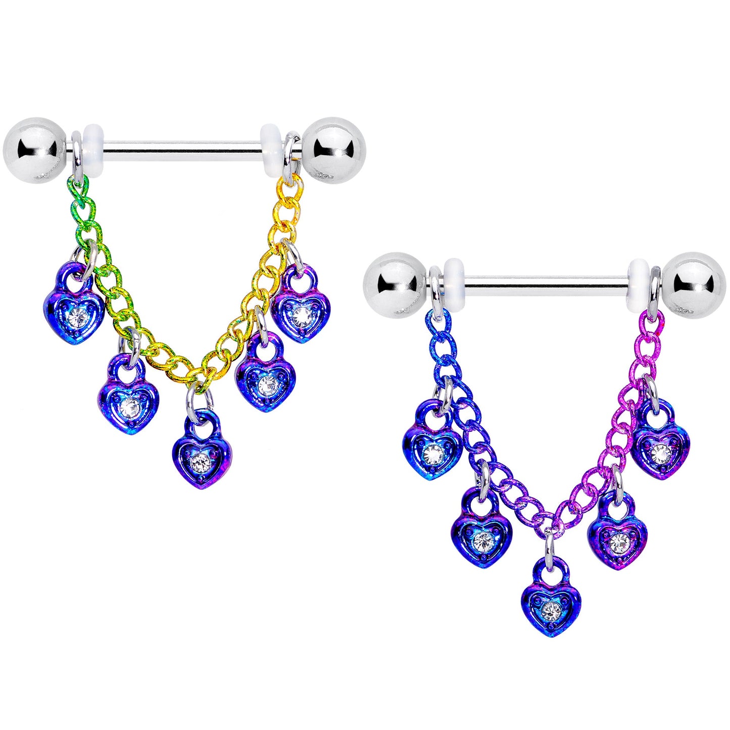 14G 11/16 Clear Gem Rainbow Padlock Heart Dangle Nipple Ring Set