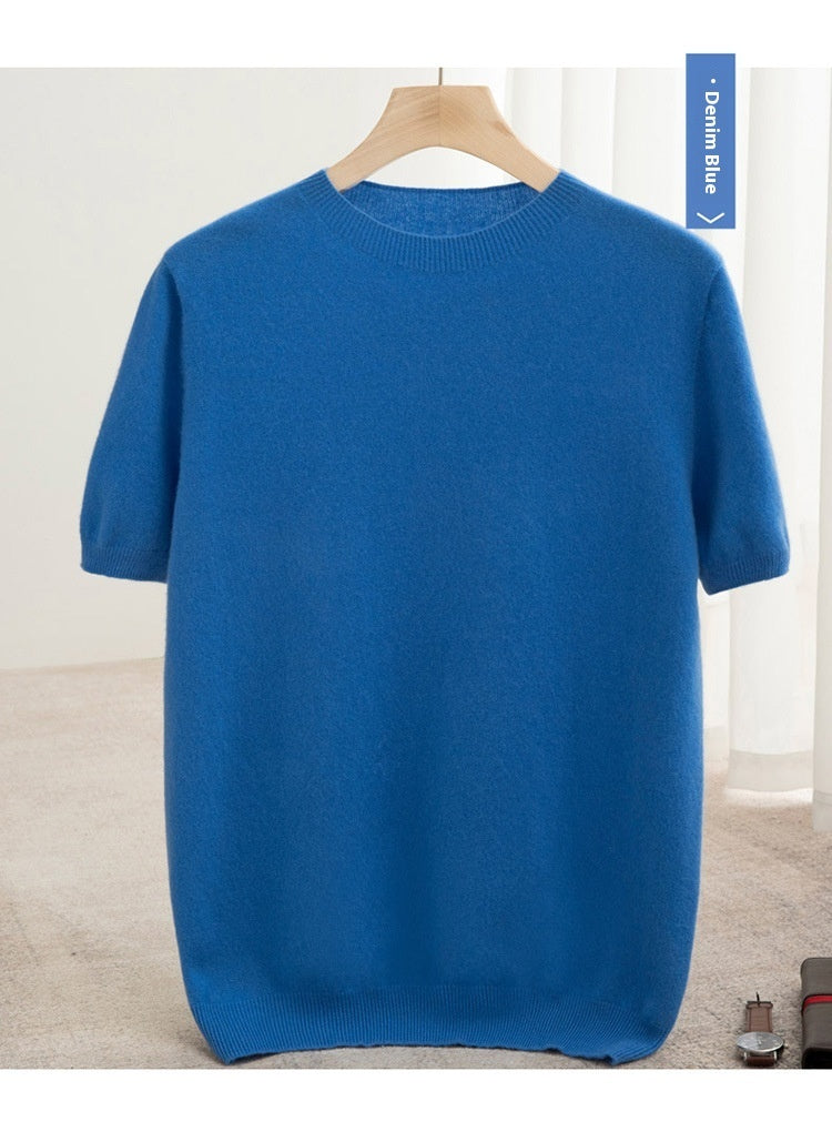 Knitted Short Sleeve Pure Wool Sweater Men's Round Neck