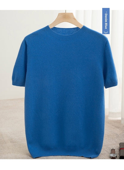 Knitted Short Sleeve Pure Wool Sweater Men's Round Neck