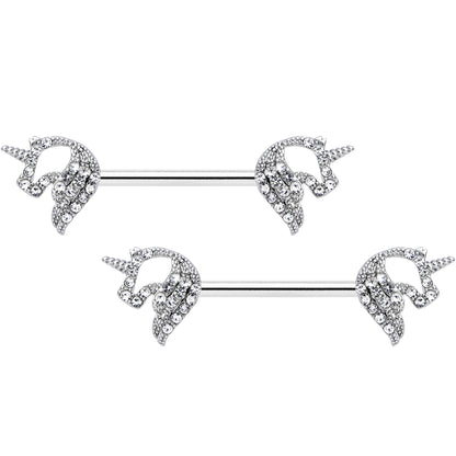 14G 9/16 Clear Gem Silhouette Unicorn Barbell Nipple Ring Set