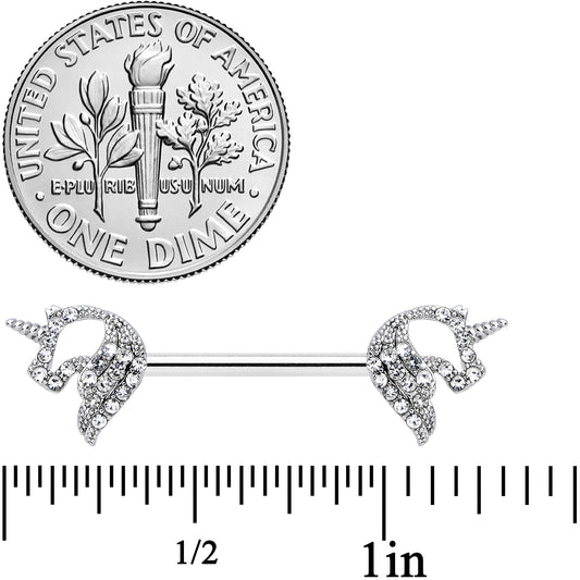 14G 9/16 Clear Gem Silhouette Unicorn Barbell Nipple Ring Set