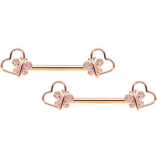 14G 9/16 Clear CZ Rose Gold Tone Heart Barbell Nipple Ring Set