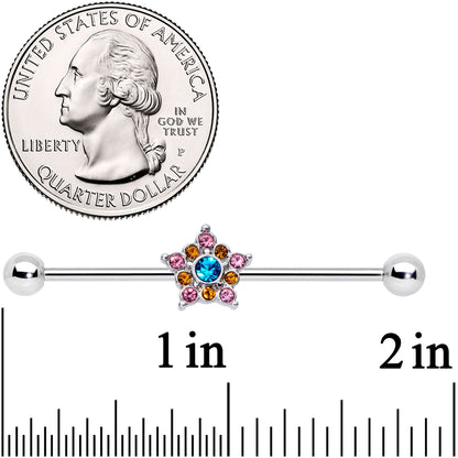 14G Pink Yellow Blue Gem Showy Star Industrial Barbell 38mm