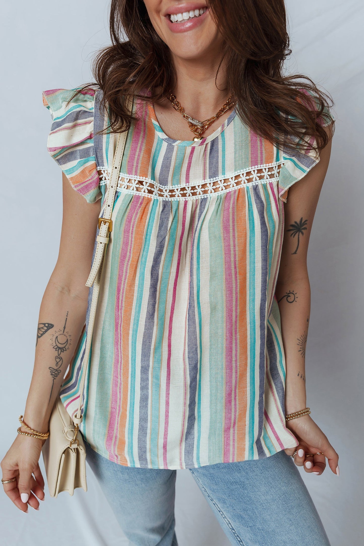 Lace Hollow-Out Insert Flutter Sleeve Blouse